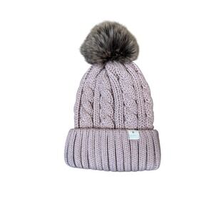 YANIBEST‎ Beanie Hat Pink Cable Knit Satin Lined Faux Fur Pom Womens Winter